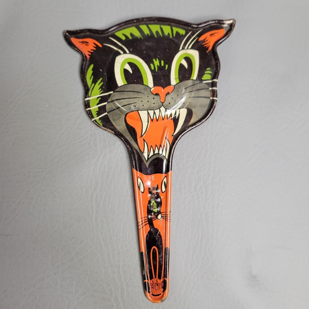 Vtg Halloween Tin Litho Black Cat Paddle Clanger Noisemaker U.S. Metal Toy READ